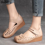 2023 New Fashion Square Toe Hollow Genuine Leather Sandals Roman Shoes Breathable Sandals Flat Wedges Women