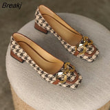 Fashion Retro Plaid Shoes 2023 New Metal Buckle Shallow Mouth All-match Thick Heel Design Women's Shoes Banquet Dress