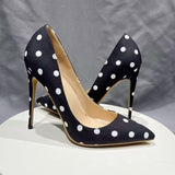 Polka Dot Women Black Satin Stiletto High Heels with Bowknot Chic Ladies Designer Dress Shoes Pointed Toe Silk