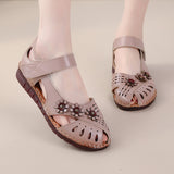 Summer New Head Layer Cowhide Flat Bottom Women's Shoes National Wind Leather Hollow Out Small Flower Women's Sandals Mother
