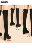 Suede Female Heels Autumn Zipper Elastic Knee-high Boots for Women Tube Lace-up Thigh Gigh Boots Black Botas Mujer