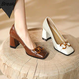 French Design Sense Metal Buckle Retro Single Shoes Brown White Women Shoes Temperament Square Toe High Heels Thick
