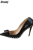 nude 12cm extreme high heels women shoes with bow rivets black red pointed toe shallow women pumps plus size MD002