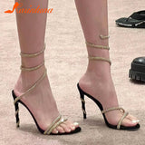 Style Sexy Snake Straps Women Sandals Summer 2023 Luxury Brand Thin Heeled Sandals Rhinestone Fashion Elegant Female