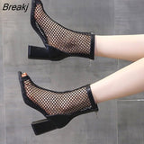 Summer New Fashion Mesh/mesh Fish Mouth Short Tube High Heels Hollow Women's Breathable Riding Boots Thick Heel