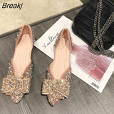 Rhinestone Female Flat Shoes Female Korean Version Bow Tie Shallow Mouth Toe Tip Women's Single
