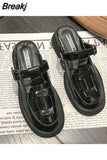 Slippers Casual Cover Toe Platform Slides Mules For Women 2023 Med Luxury Retro PU Rubber Hoof Heels Microfiber Fretwork