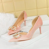 Breakj 79 Banquet Women's Shoes High Heel Suede Shallow Tip Side Hollow Water Diamond Buckle Pearl Bow Single