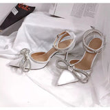 New Fashion Glitter Rhinestones Women Pumps Crystal Bowknot Silk Pointed Toe Buckle Strap Thin High Heels Party Prom
