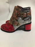 Vintage Splicing Printed Ankle Boots for Women Shoes Woman PU Leather Retro Block High Heels Zipper Women Boots Big