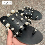 New Women Slippers Summer Pearl Women Slides Flat Casual Outside Women Beach Leather Slippers Large Size 36-43 Women