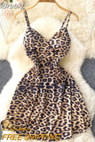 Twist V-neck Spaghetti Strap Mini Party Dress Women Leopard Print Sleeveless High Waist A-line Club Night Out Dress