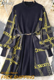 Women Floral Print Patchwork Sweater Dress 2023 Autumn Fashion O-neck Long Sleeve Loose Waist Belted A-line Casual Female