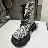 Boots for Women Sexy Leopard Lace-up Round Toe Square Heel Platform Boots Retro Trend Shoes Botas Altas Plataforma