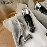 Toe Women Pumps Genuine Leather Round Heel Shoes Summer Luxury Brand Silver Designer Sandals 2023 Stylish Slingback