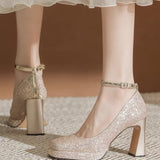 Breakj Thick With New Mary Jane Crystal Shoes A Word Button Wedding Shoes Bride Shoes Small Square Head High Heels