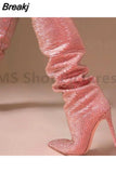 Women High Heels Shoes Crystal Rhinestone Pointed Toe Demonia Boots Stiletto Women's Knee High Boots Sexy Slip-On Botas De