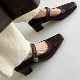 Maillard Square Head Mary Jane Shoes 2024 Early Spring New Thick Heel One-Word Buckle Single Boot Vintage Women's