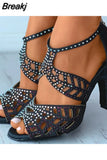 Summer Roman Women Shoes Fashion Stiletto Rhinestone Hollow Fish Closed Toe Sexy Dance Shoes Plus Size 43 Ladies