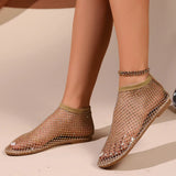 Women's Round Toe Flat Bottom Sandals Summer Slip-On Hollow Mesh Short Boots Fashion Water Diamond Sexy Banquet Slippers