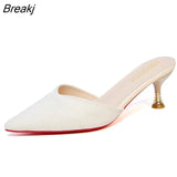 Women High Heels Solid Flock Slippers Mules Pointed Toe Fog Black Slides Women Home Slip On Flip Flops Heels 7CM/10CM Half