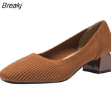 Solid Color Single Shoes Women Low-Heeled Square Toe Shoes Spring Autumn Knitting Shoes Plus Size