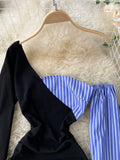 Striped Patchwork One Shoulder Long Sleeve Women Dress 2023 Spring Fashion Ruched Drawstring Mini Bodycon Party