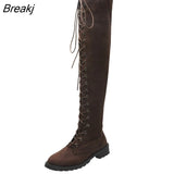 Women's Boots Low Heels Flock Winter Over Knee Boots for Woman 2023 Lace Up Fashion Female Thigh High