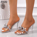 Summer Big Chain Transparent Women's Slippers of Sandals Square Toe Metal Chain High Heels Shoes Women Slides Thin