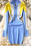 Sexy Zipper up Stand Collar Long Sleeve Knit Sweater Dress Women Elegant Color Block Slim Bodycon Party Club Mini