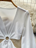 Sexy Women White Long Dress 2023 Spring Summer Fashion V-neck Lantern Sleeve Cut Out Side Split Club Party Maxi