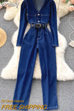 Jumpsuit Women Vintage Jeans Long Rompers Fashion Spring Autumn V-neck Full Sleeve Buttons Belted Casual Rompers