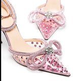 Breakj New Bow Rhinestone High Heels Sequined Pointed Hollow Strap Sandal Women's Crystal