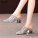Summer Slippers Fashion Rhinestone Mesh Comfort Breathable Office Shoes Sexy Square Heel Party Shoes Designer Slides