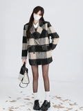 Spirng Plaid Woolen Coat Women Korean Fashion Y2k Long Coat Jacket Office Lady Casual Elegant Clothing Coat Warm