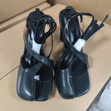Breakj New Show Baotou Round Head Thick With High Heel Cross Strap Large Size Hollow Toe Sandals Women's