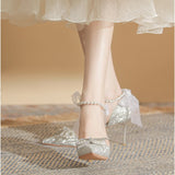 pearl decorative high heels， 18 years old Mitzvah crystal wedding shoes Bride shoes New thin heels 8cm6cm