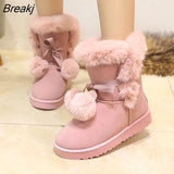 Fur Women Snow Boots Suede Winter Shoes Fur Ball Mid-Calf Boots Female Fashion Boots Non-Slip Snow Casual botas de