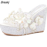 Summer Flower Decoration Platform Wedges Sandals Women Fashion Silver High Heels Female Summer Gold Shoes Size