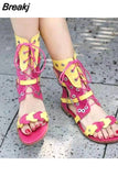 Color Rivets Studded Women Gladiator Sandals Outside Casual Flat Shoes Woman Hollow Out Lace-up Flats Summer