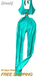 Sexy Women Green Cutout Jumpsuit Fashion Streetwear Lace-up Halter Neck Sleeveless Slim Fit Full Length Pants
