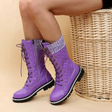 Mujer Women's Winter Side-pull Lace-up Knitted Mid-tube Boots Low-heeled Round-toe Boots High-quality Winter Warm Boots