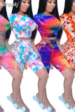 Women Tie Dye Print 2 Pieces Sets Tracksuits Crop Top Side Lace-Up Bandage Shorts Ladies Sexy Tracksuits Hollow