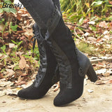 Women Lace Women's High Heel Middle Tube Boots Botas Zapatos Mujer Retro Leather Winter Shoes Booties Cowboy Botas