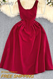 Vintage Women Summer Dress Fashion Solid O-neck Sleeveless Slim High Waist Big Swing Pleated A-line Midi Party