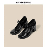 New Mary Jane Shoes Female Retro English Style Hepburn Black High Heel One-Word Buckle Thick Heeled Square Head Single Shoe
