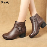 2023 New Autumn Winter Thick Heel Ankle Boots Women Warm Boots Shoes Handmade Genuine Leather Flowers Zipper Retro