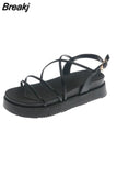 Heeled Sandals Beach Shoes Cross Muffins shoe All-Match 2023 Summer Black Flat Clogs Fashion Girls New Low Comfort PU