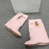 Lock Buckle Women's Mid Calf Boots Punk Style Round Toe High Heel Western Boots Luxury Designer Wedges Women's Short