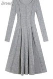 One Piece Dress Korean Fashion 2023 Autumn Basic Long Sleeve Casual Midi Dress Pure Color Even Party Dress Female